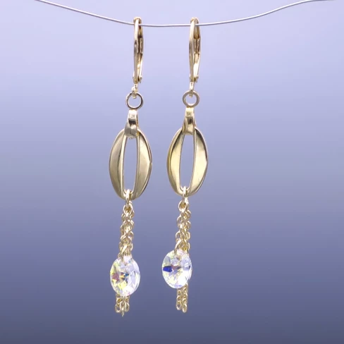 Visací pozlacené náušnice s oválky, řetízky a Swarovski crystal