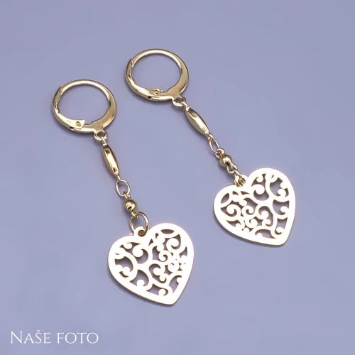Pozlacené visací náušnice Srdíčka na řetízku