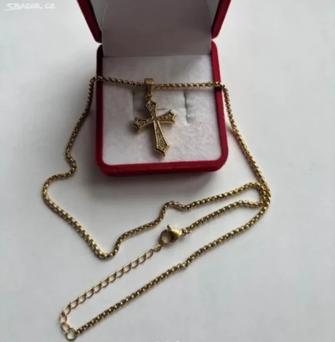 Zlacený náhrdelník s křížkem z chirurgické oceli