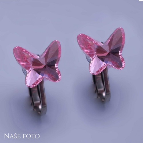 Náušnice klipsy z chirurgické oceli Swarovski růžový motýlci