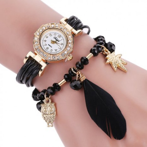 Moderní dámské hodinky černé páskové s kamínky, pírkem a sovou - H172
