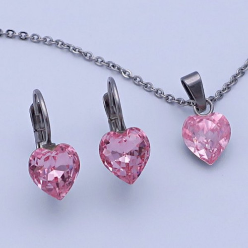 Dětská souprava Swarovski srdíčka Light rose 8mm chirurgická ocel