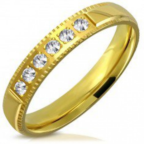 Prsten z oceli ve zlatém barevném - ozdobné hrany, šest zirkonků, > varianta 57