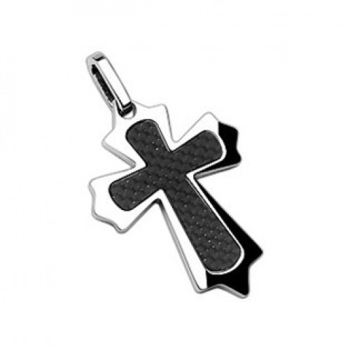 Ocelový přívěšek - kříž s karbonem