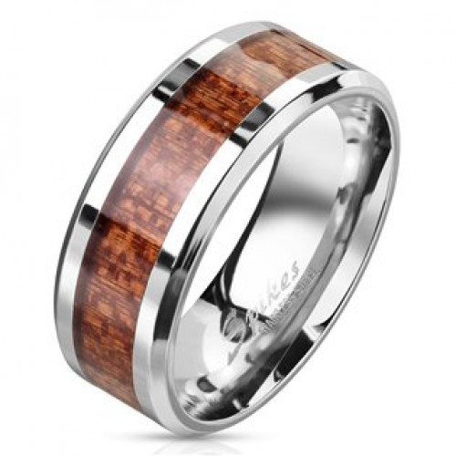 Pánský ocelový prsten dekor dřevo > varianta 55