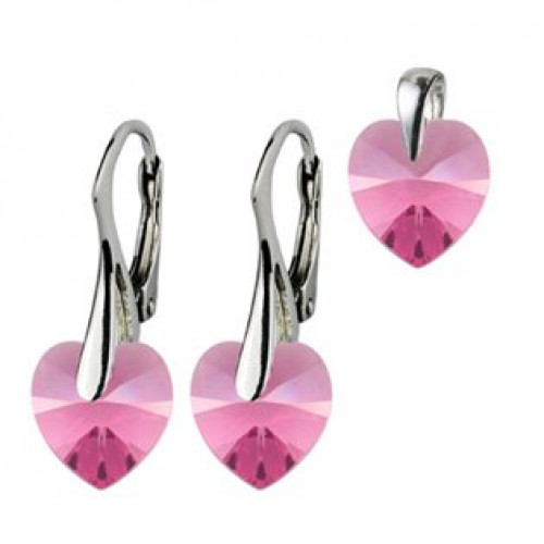 Stříbrné náušnice a přívěšek srdíčka s krystaly Crystals from Swarovski®, Pink > varianta Pink