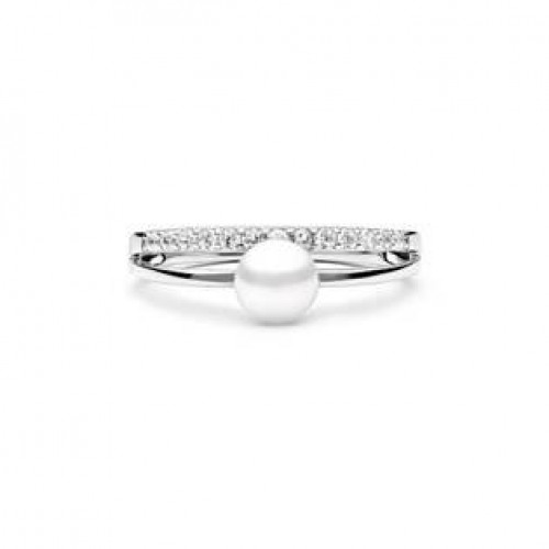 Stříbrný prsten s bílou perlou a zirkony > varianta 57