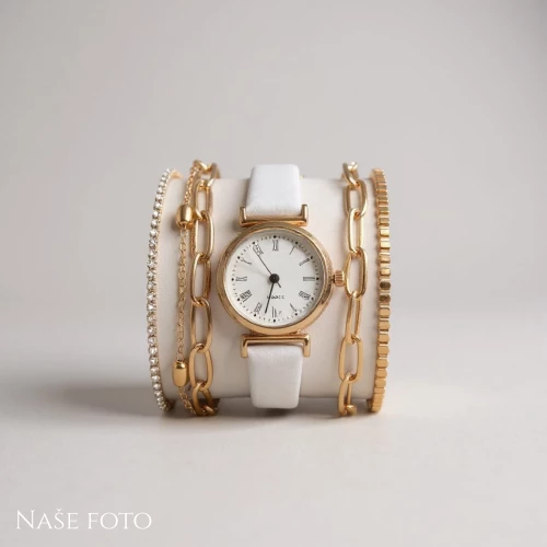 Dámský set – hodinky s náramky v barvě zlata a bílé