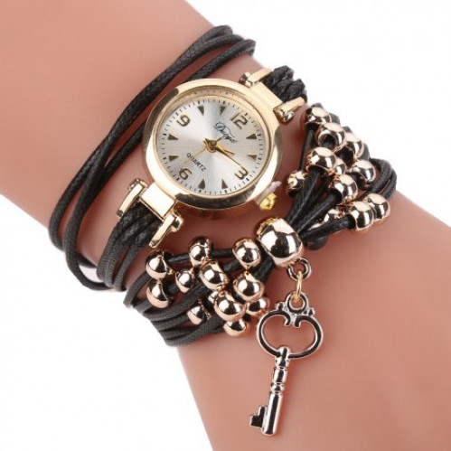 Moderní dámské hodinky černé páskové s kuličkami a klíčem - H173
