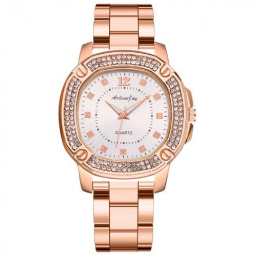 Luxusní dámské hodinky s kamínky rose gold celokovové, čtvercové bez čísel - 162-2