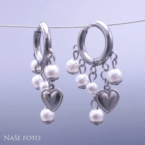 Kroužkové náušnice z chirurgické oceli s perličkami a srdíčkem