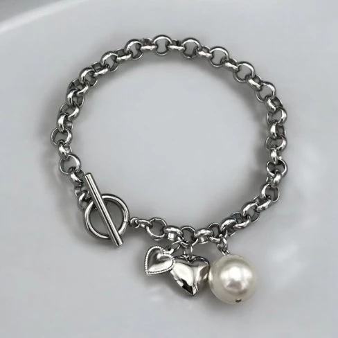 Náramek z chirurgické oceli s perlou Swarovski - bílá perleť