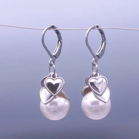 Náušnice Swarovski perle 12mm se srdíčky - Bílá perleť