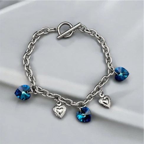 Lanový náramek z chirurgické oceli se srdíčky Swarovski - Bermuda blue