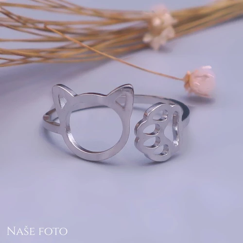 Prsten z chirurgické oceli s kočičkou a tlapkou