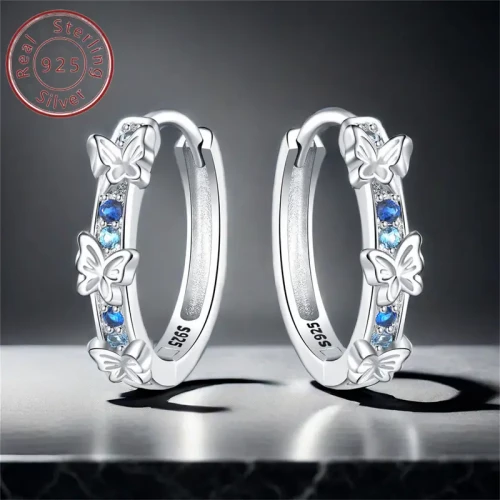 Náušnice s Létajícím Modrým Motýlem z Čistého Stříbra 925/1000
