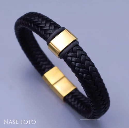 Černý kožený pletený náramek z chirurgickou ocelí