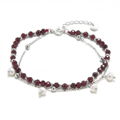 Minerální náramek přírodní Granát a perly, stříbro AG925