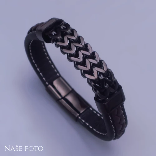 Kožený náramek s černým kovem a kontrastním prošíváním