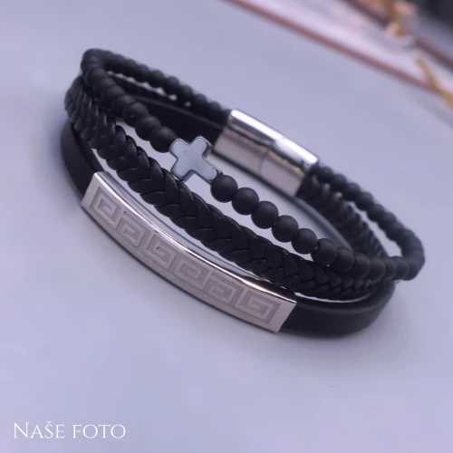 Stylový kožený náramek s řeckým vzorem a křížkem