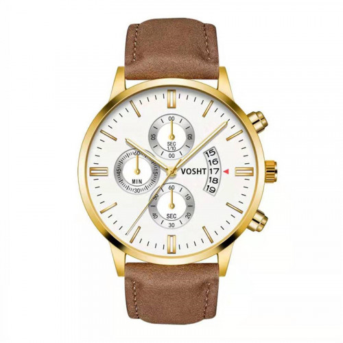 Elegantní pánské hodinky zlaté chronograf s koženým řemínkem a datumovkou