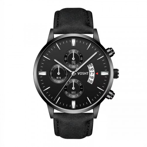 Elegantní pánské hodinky černé chronograf s koženým řemínkem a datumovkou