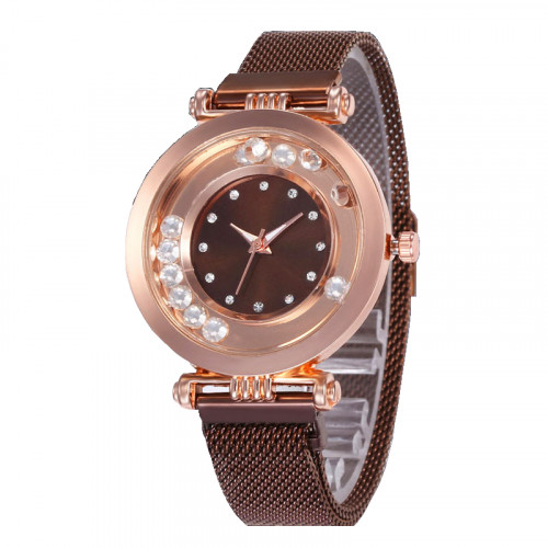 Luxusní dámské hodinky kovové se zirkony hnědé