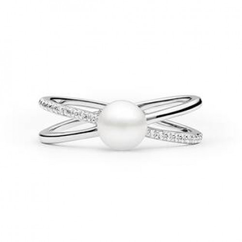 Stříbrný prsten s bílou perlou a zirkony
