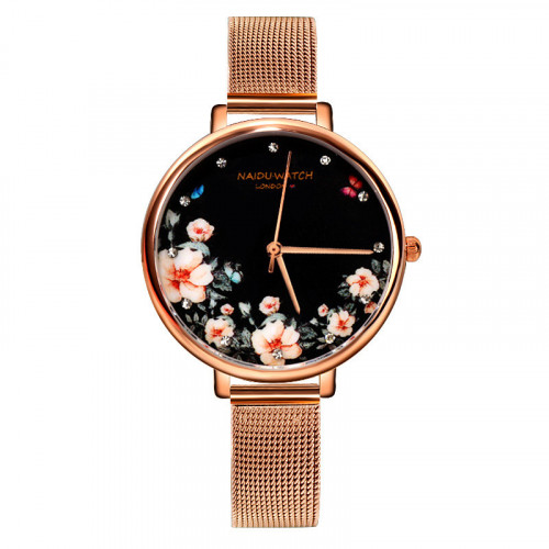 Moderní dámské hodinky černé s květovaným vzorem