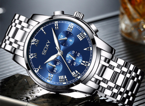 Sportovní pánské hodinky stříbrné z chirurgické oceli s modrým ciferníkem