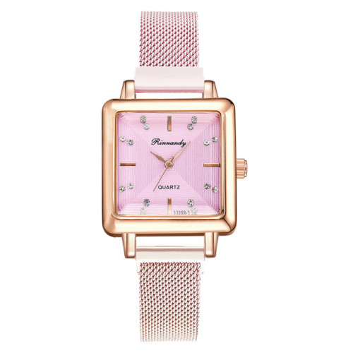 Moderní dámské hodinky růžové s ciferníkem čtvercového tvaru
