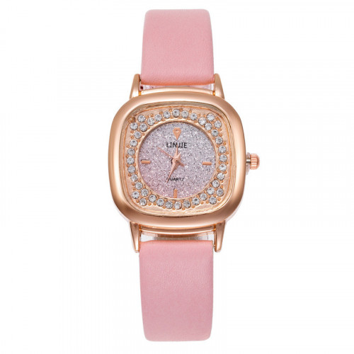 Moderní dámské růžové hodinky čtvercové s kamínky a koženým páskem - H174-1
