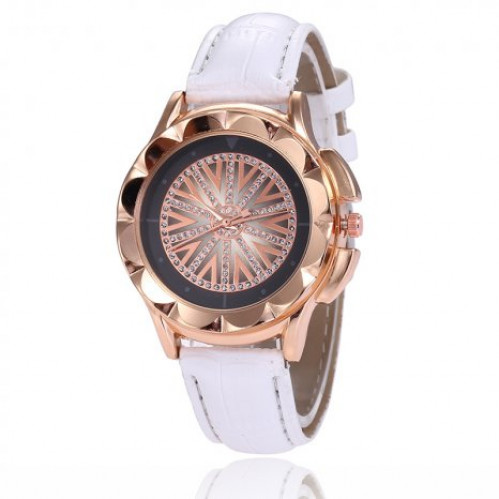 Luxusní dámské hodinky bílé s koženým páskem, ciferník s kamínky