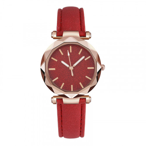 Moderní dámské hodinky s koženým páskem v červené barvě, třpytivý ciferník