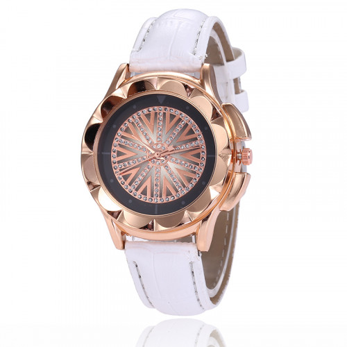 Luxusní dámské hodinky bílé s koženým páskem, ciferník s kamínky