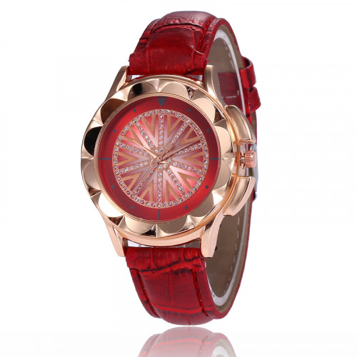 Luxusní dámské hodinky červené s koženým páskem, ciferník s kamínky