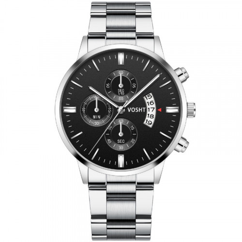 Luxusní stříbrné pánské celokovové hodinky s černým ciferníkem a datumovkou
