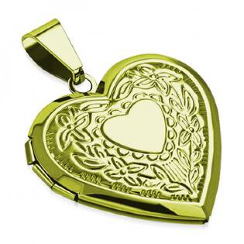 Zlacený ocelový přívěšek - medailon otevírací - srdíčko s ornamenty