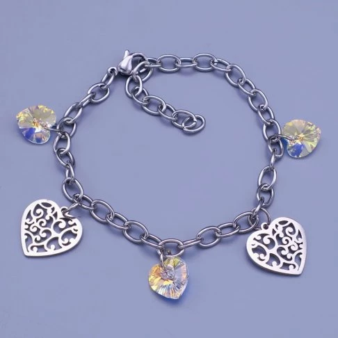 Náramek z chirurgické oceli se srdíčky 10mm Swarovski Crystal AB ( měnící )